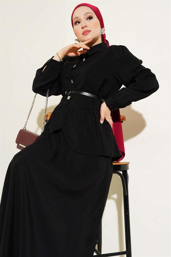 Square Button Belted Skirt Suit Black