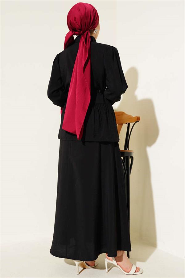 Square Button Belted Skirt Suit Black