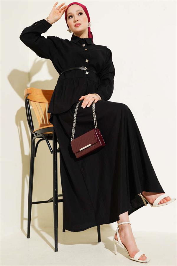 Square Button Belted Skirt Suit Black