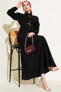 Square Button Belted Skirt Suit Black