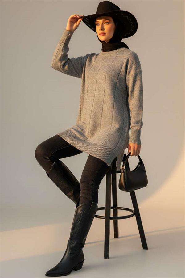 Square Embossed Soft Knit Tunic Gray