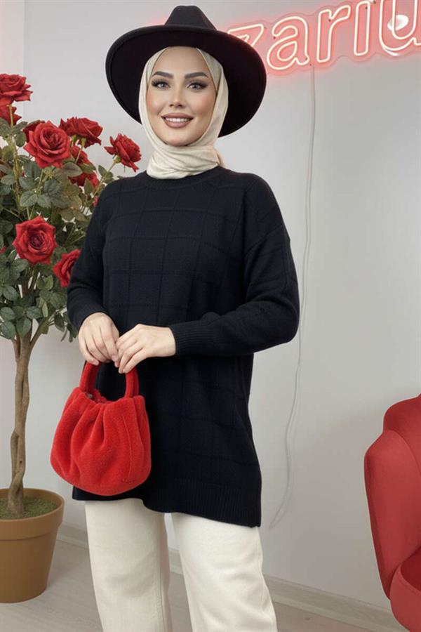 Square Embossed Soft Knit Tunic Black
