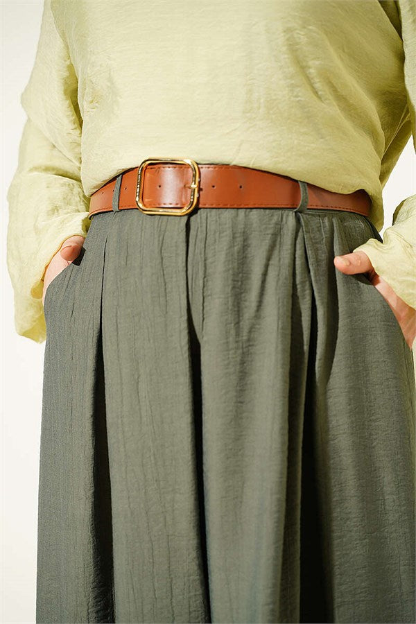 Square Belt Wide Leg Trousers Khaki