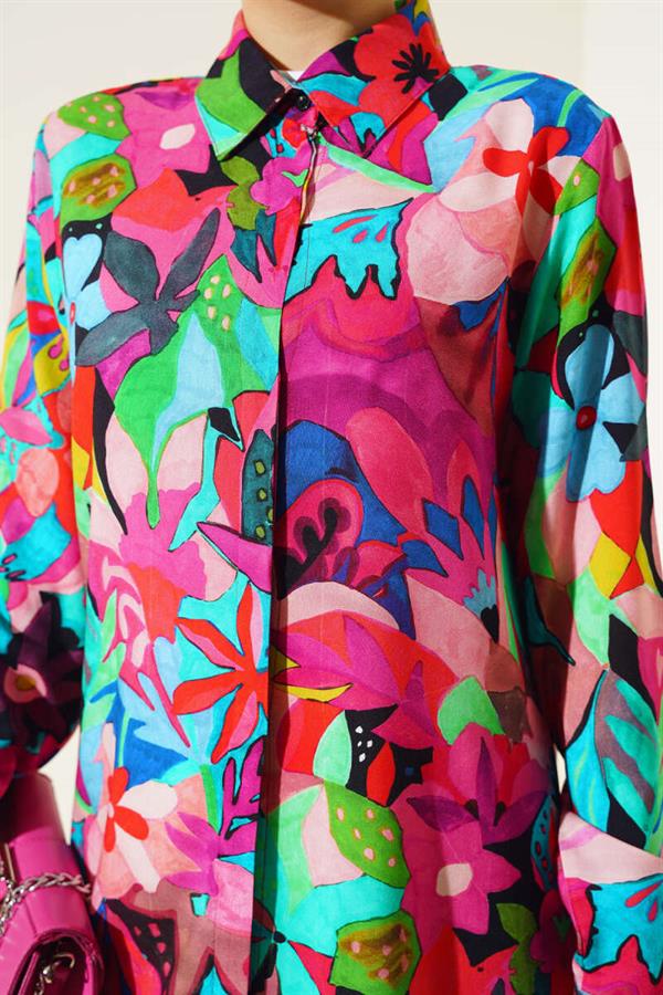 Mixed Pattern Hidden Button Shirt Fuchsia