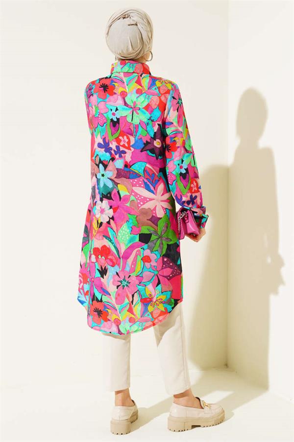 Mixed Pattern Hidden Button Shirt Fuchsia