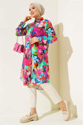 Mixed Pattern Hidden Button Shirt Fuchsia