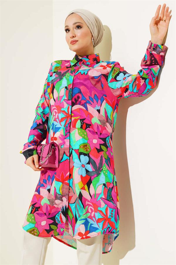 Mixed Pattern Hidden Button Shirt Fuchsia