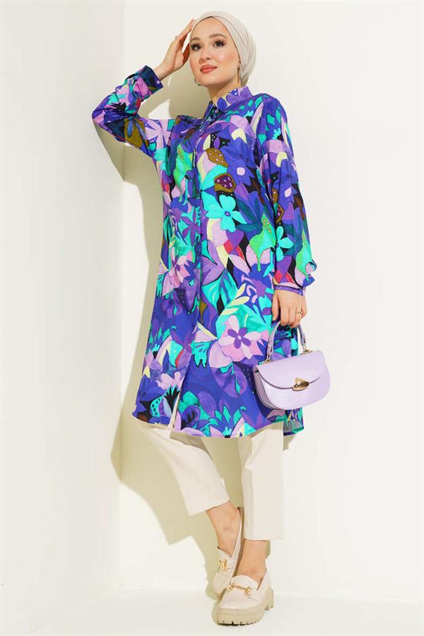 Mixed Pattern Hidden Button Shirt Purple