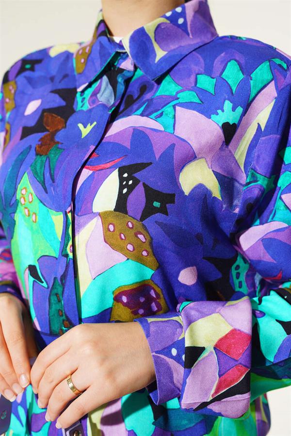 Mixed Pattern Hidden Button Shirt Purple