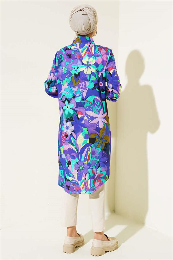 Mixed Pattern Hidden Button Shirt Purple