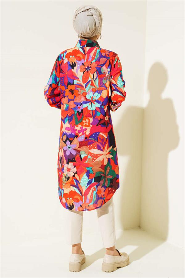 Mixed Pattern Hidden Button Shirt Orange