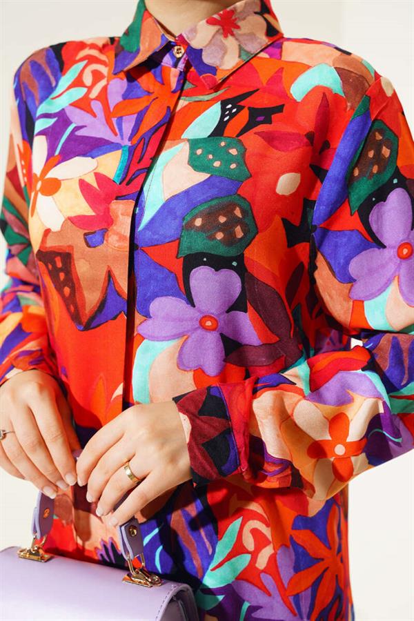 Mixed Pattern Hidden Button Shirt Orange