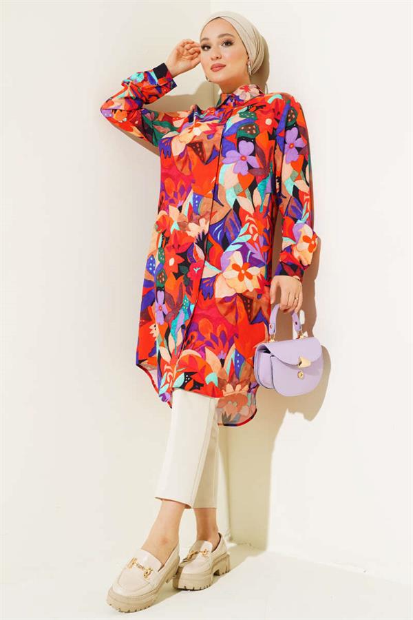 Mixed Pattern Hidden Button Shirt Orange