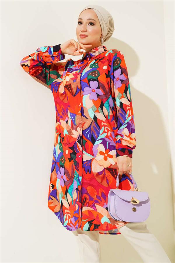 Mixed Pattern Hidden Button Shirt Orange