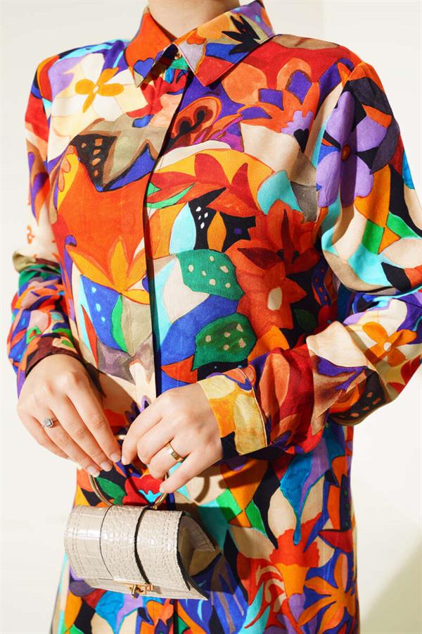 Mixed Pattern Hidden Button Shirt Colorful
