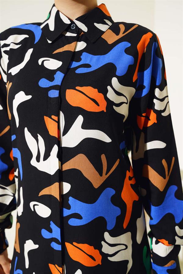Mixed Pattern Hidden Button Shirt Black