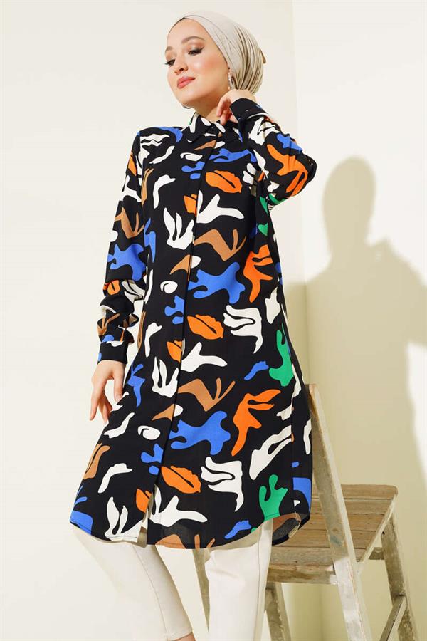 Mixed Pattern Hidden Button Shirt Black