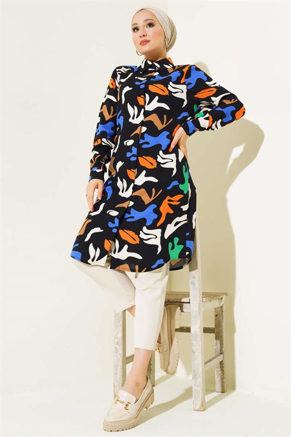 Mixed Pattern Hidden Button Shirt Black