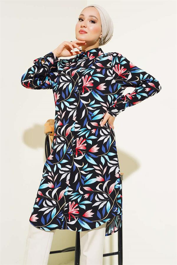 Mixed Pattern Hidden Button Shirt Black Blue