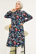 Mixed Pattern Hidden Button Shirt Black Blue