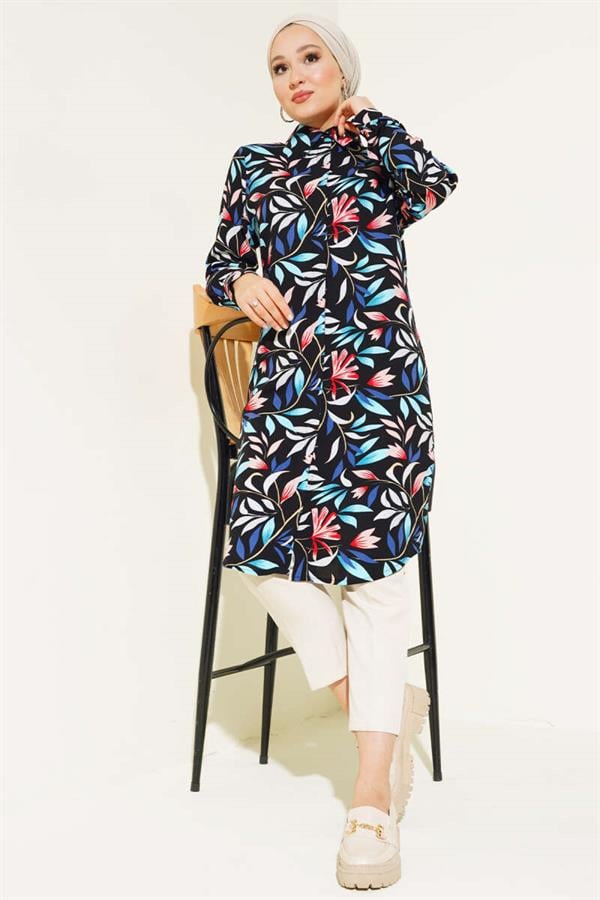 Mixed Pattern Hidden Button Shirt Black Blue