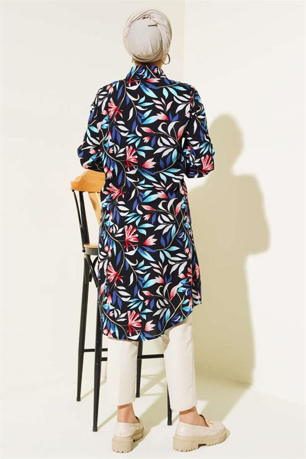 Mixed Pattern Hidden Button Shirt Black Blue