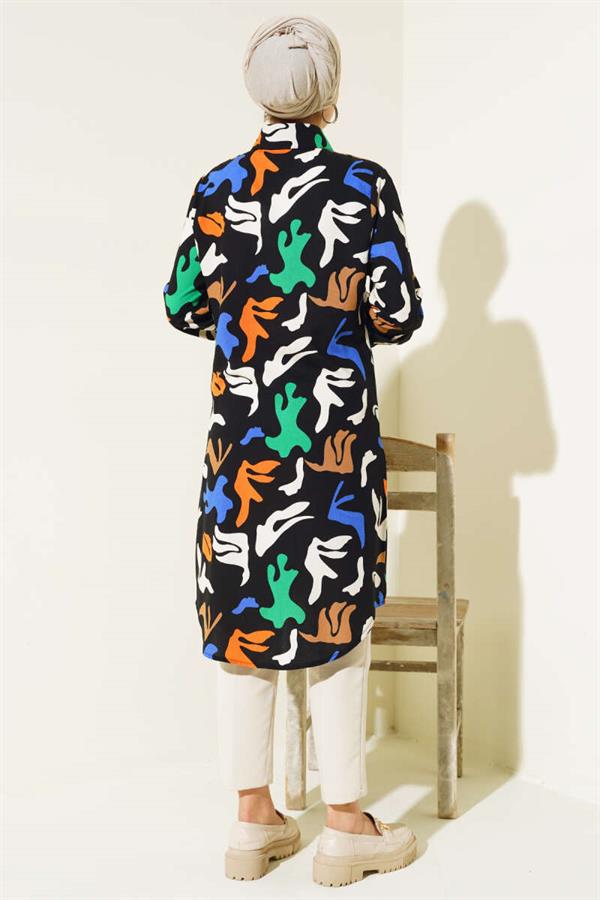 Mixed Pattern Hidden Button Shirt Black
