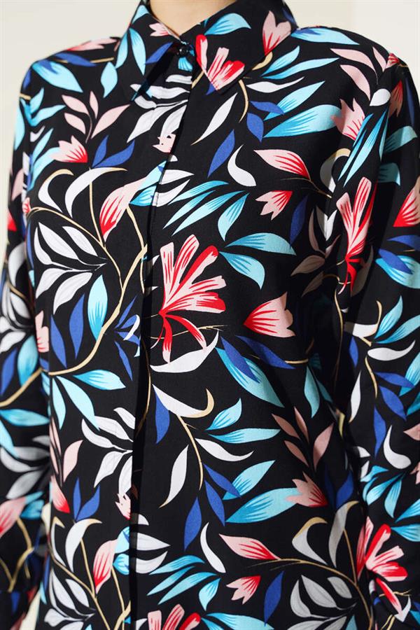 Mixed Pattern Hidden Button Shirt Black Blue