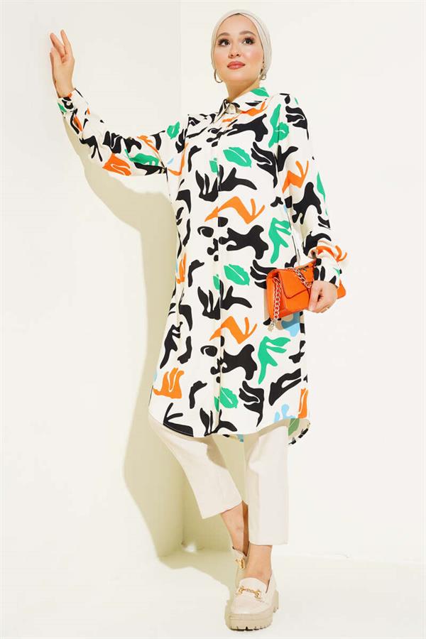 Mixed Pattern Hidden Button Shirt Stone