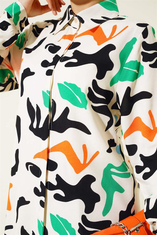 Mixed Pattern Hidden Button Shirt Stone