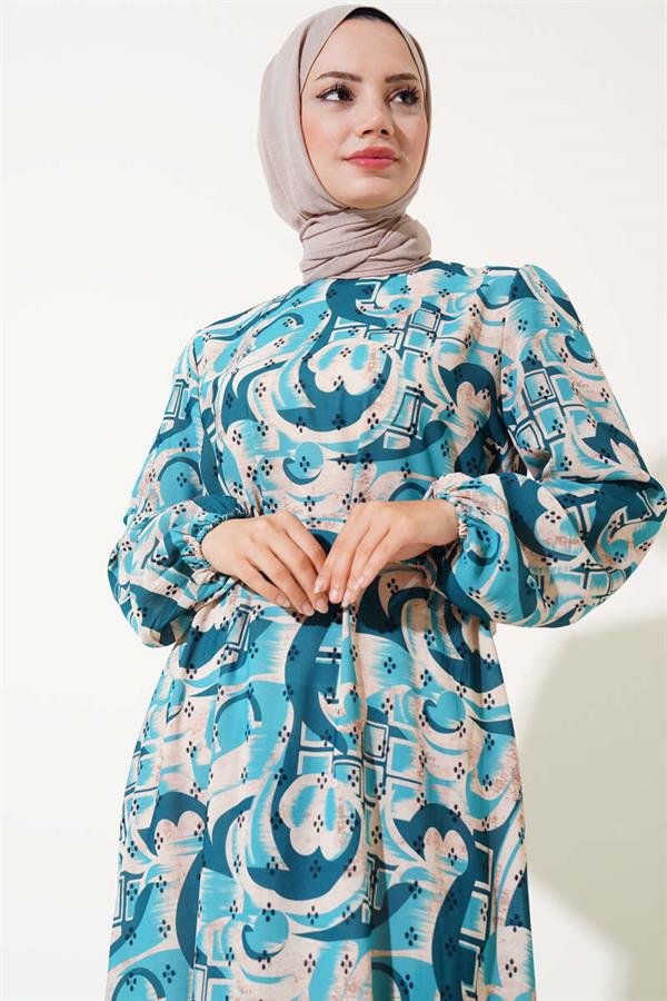 Mixed Pattern Belted Dress Petrol