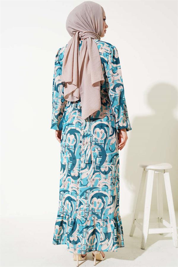Mixed Pattern Belted Dress Petrol