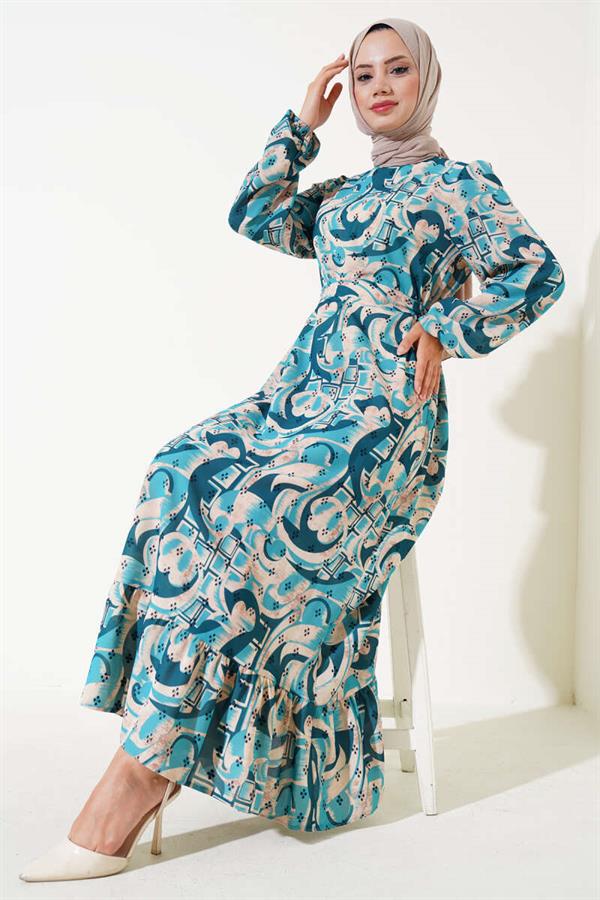 Mixed Pattern Belted Dress Petrol