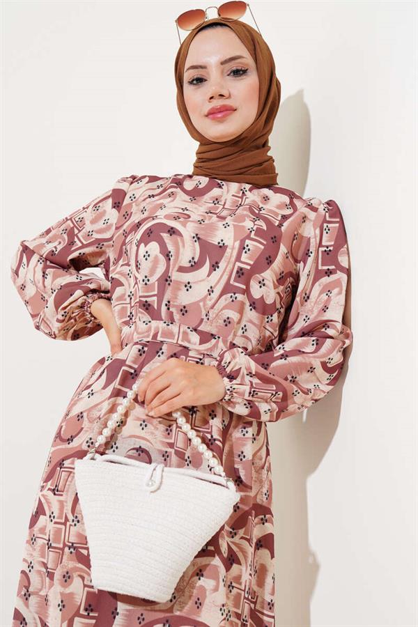 Mixed Pattern Belted Dress Tan