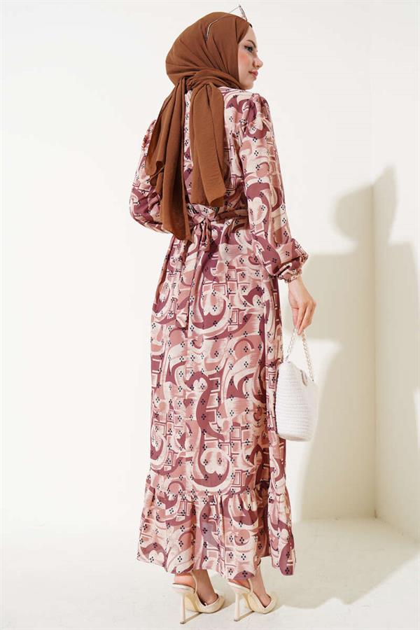 Mixed Pattern Belted Dress Tan