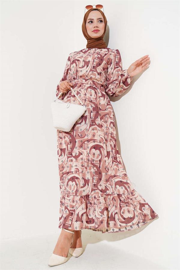 Mixed Pattern Belted Dress Tan