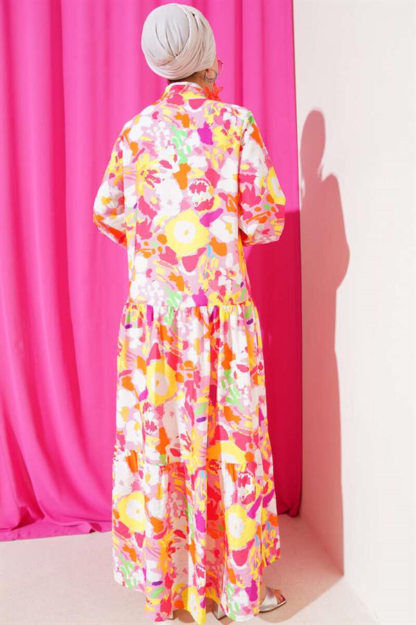 Mixed Pattern Half Buttoned Viscose Dress Powder