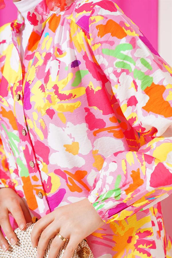 Mixed Pattern Half Buttoned Viscose Dress Powder