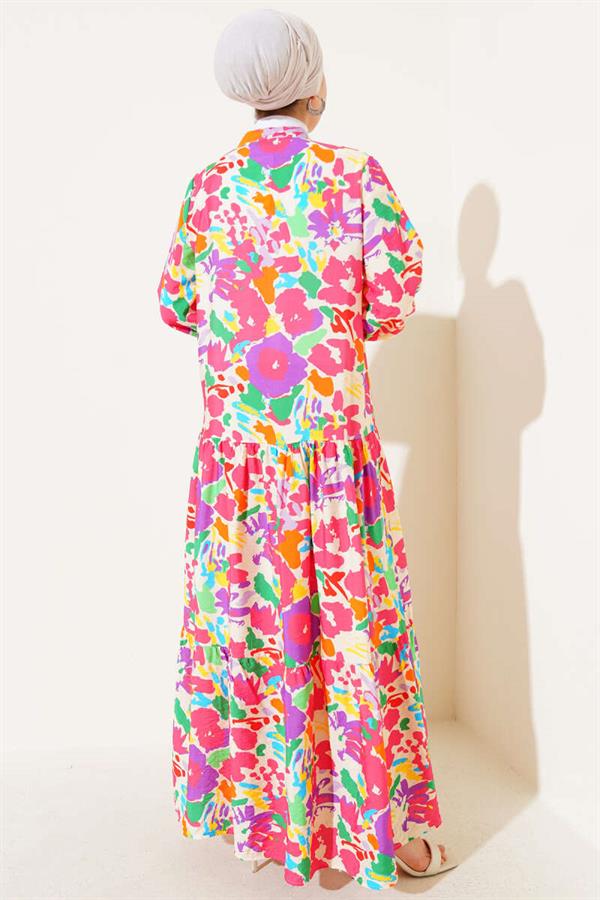 Mixed Pattern Half Buttoned Viscose Dress Fuchsia