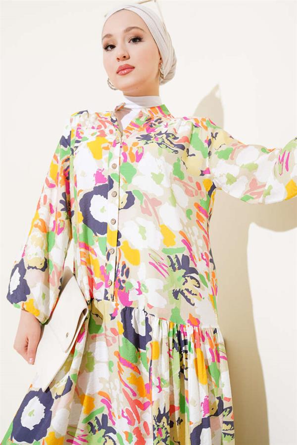 Mixed Pattern Half Buttoned Viscose Dress Aqua Green