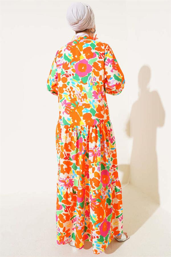 Mixed Pattern Half Buttoned Viscose Dress Orange