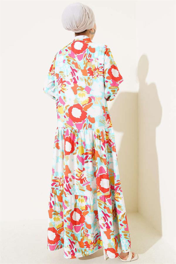 Mixed Pattern Half Button Viscose Dress Mint
