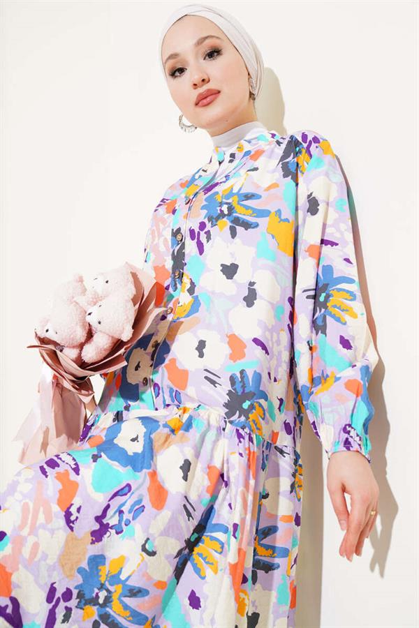 Mixed Pattern Half Buttoned Viscose Dress Lilac