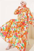 Mixed Pattern Half Buttoned Viscose Dress Orange