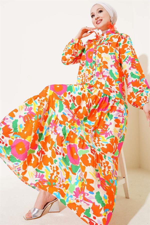 Mixed Pattern Half Buttoned Viscose Dress Orange