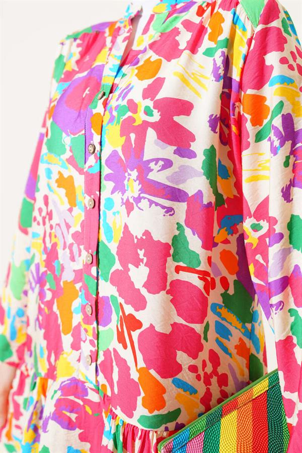 Mixed Pattern Half Buttoned Viscose Dress Fuchsia