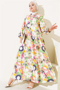 Mixed Pattern Half Buttoned Viscose Dress Aqua Green