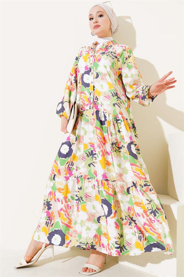 Mixed Pattern Half Buttoned Viscose Dress Aqua Green