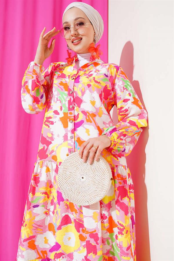 Mixed Pattern Half Buttoned Viscose Dress Powder