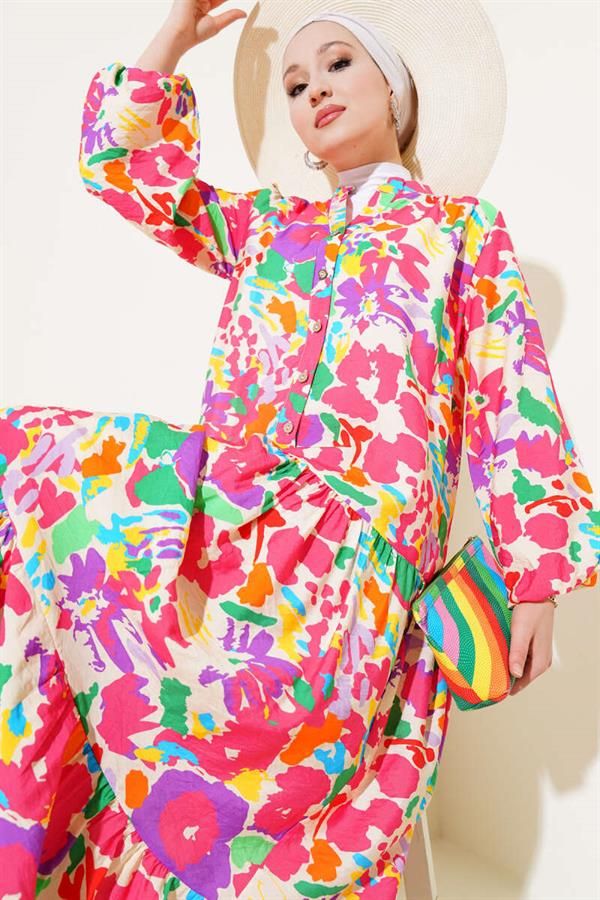 Mixed Pattern Half Buttoned Viscose Dress Fuchsia
